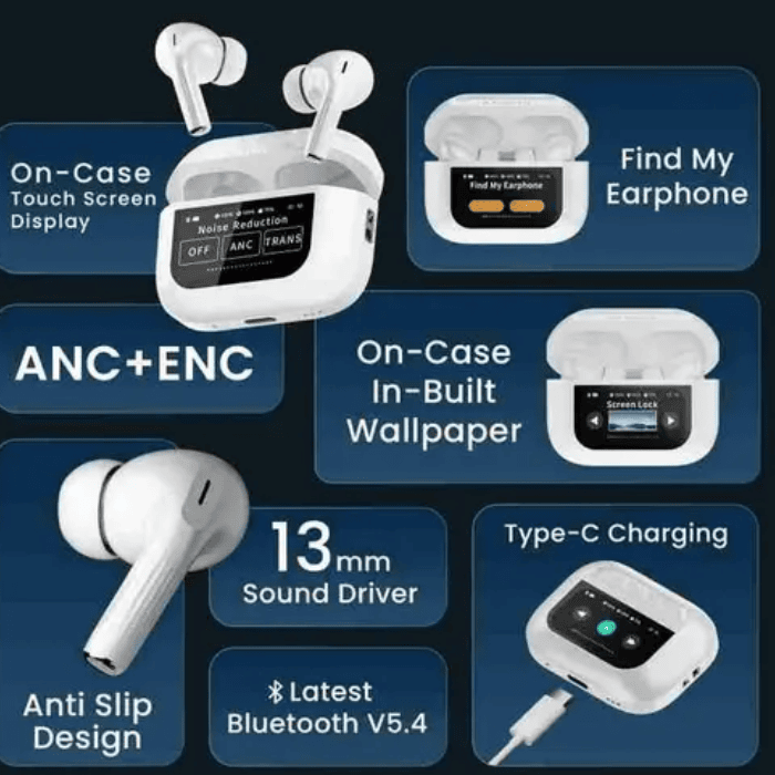 A9 Pro Airpods ANC/ENC Touch Screen Wireless Earbuds